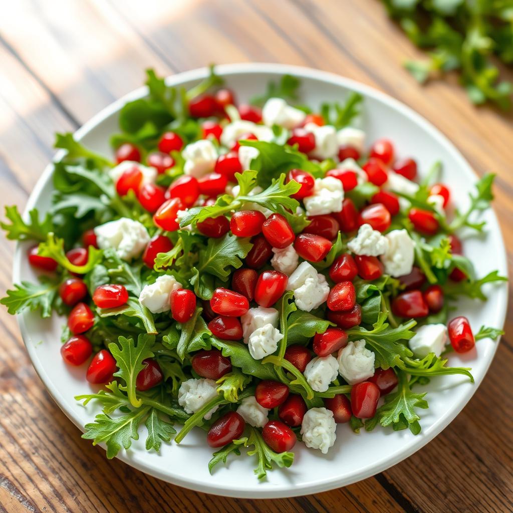 A vibrant and colorful plate of arugula salad, garnished with pomegranate seeds and crumbled feta cheese