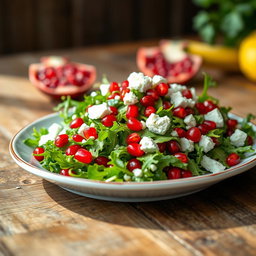 A vibrant and colorful plate of arugula salad, garnished with pomegranate seeds and crumbled feta cheese
