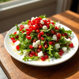 A vibrant and colorful plate of arugula salad, garnished with pomegranate seeds and crumbled feta cheese