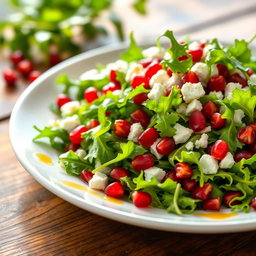 A vibrant and colorful plate of arugula salad, garnished with pomegranate seeds and crumbled feta cheese