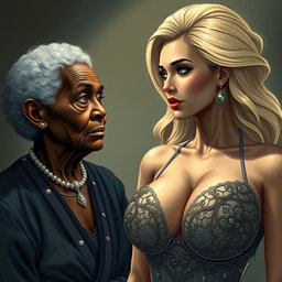 A realistic illustration of a 90-year-old African woman with distinct features, showing signs of age and character, gazing intently with a longing expression