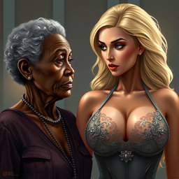 A realistic illustration of a 90-year-old African woman with distinct features, showing signs of age and character, gazing intently with a longing expression