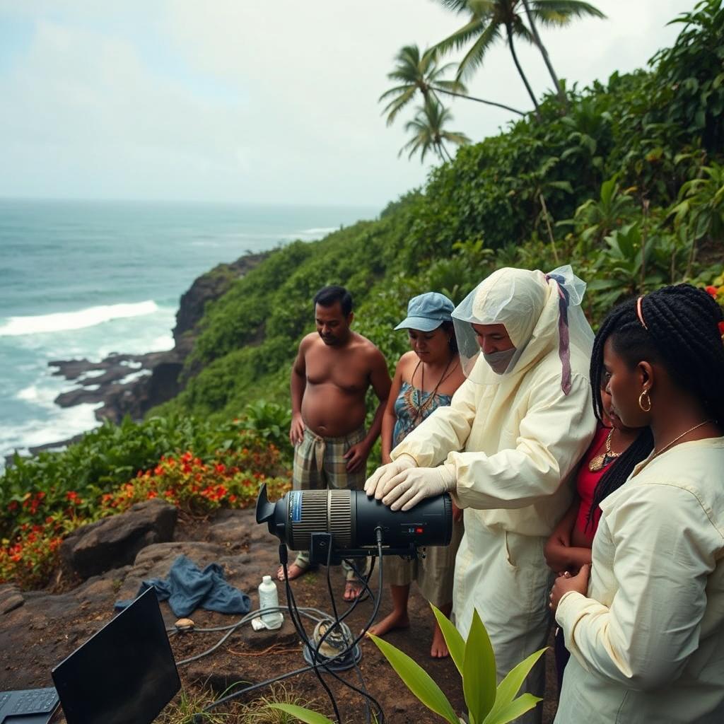 A documentary-style image depicting scientists performing radiation experiments on Pacific Islanders in a rugged coastal setting