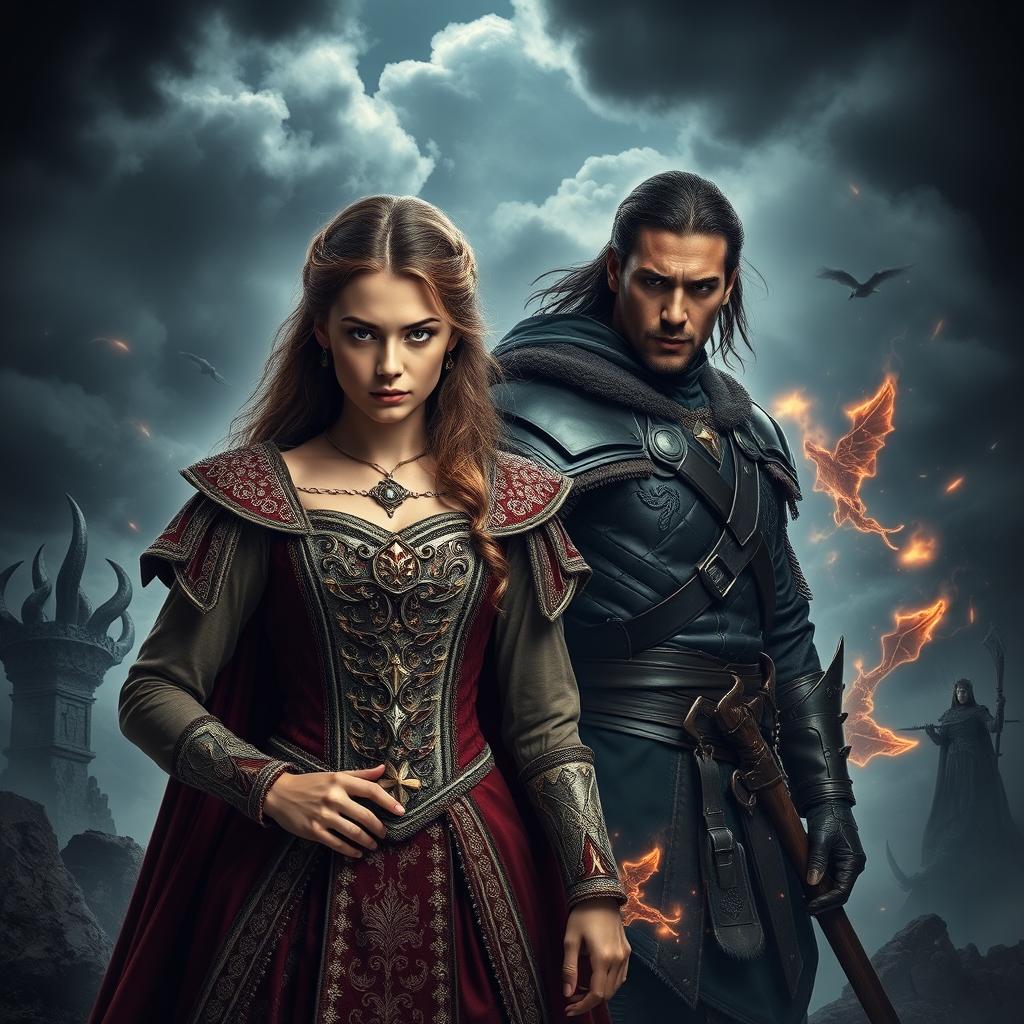 A dramatic scene capturing the essence of 'Bound by Blood and Fire' in the mystical land of Eldoria, depicting a tense moment between two pivotal characters