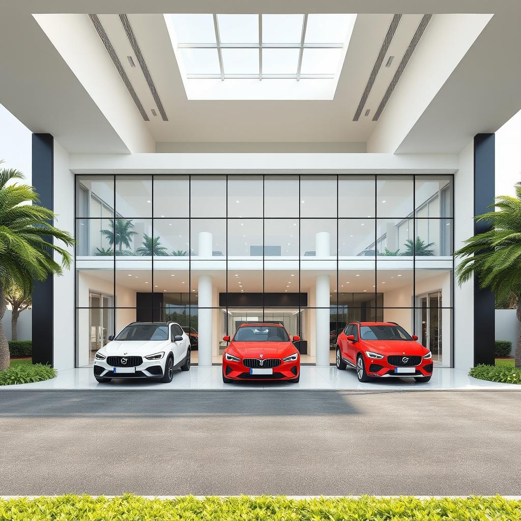 A creative and elegant car showroom elevation featuring three car models prominently displayed beneath a striking double height ceiling