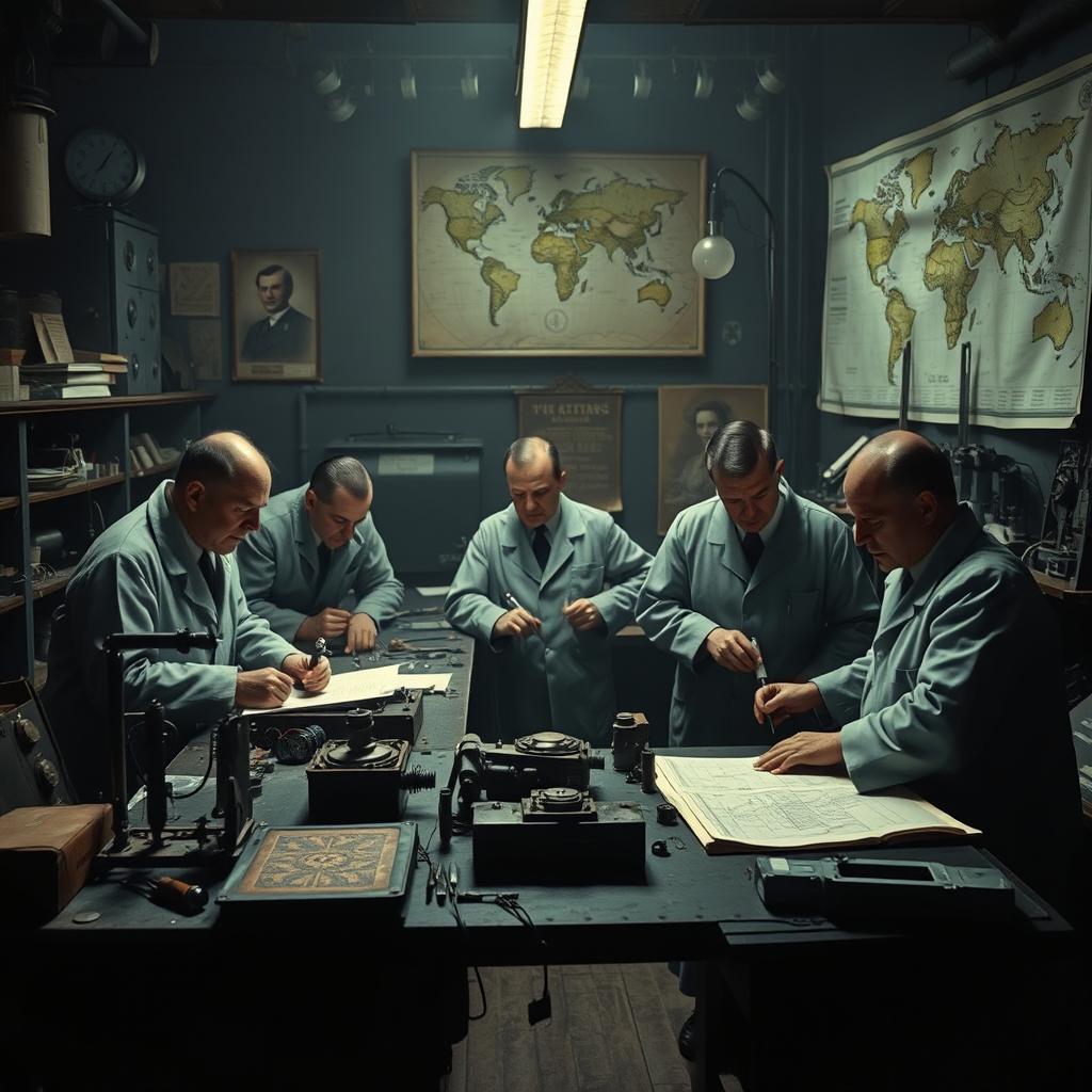 A group of Nazi scientists in a dimly lit laboratory filled with old scientific equipment, blueprints, and books