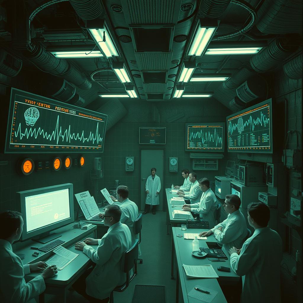 A thought-provoking depiction of the MK-Ultra project, showcasing an underground laboratory filled with scientists conducting experiments with mind control techniques
