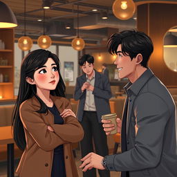 A semi-realistic modern 3D art scene depicting a dramatic moment where Soo-ah, a 28-year-old woman with long dark hair and a contemplative expression, is faced with a tempting offer from Hye-jin, who stands confidently nearby with an alluring presence