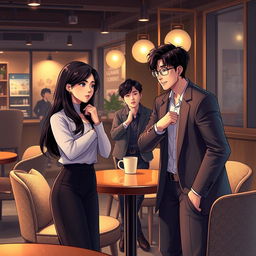 A semi-realistic modern 3D art scene depicting a dramatic moment where Soo-ah, a 28-year-old woman with long dark hair and a contemplative expression, is faced with a tempting offer from Hye-jin, who stands confidently nearby with an alluring presence