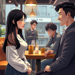 A semi-realistic modern 3D art scene depicting a dramatic moment where Soo-ah, a 28-year-old woman with long dark hair and a contemplative expression, is faced with a tempting offer from Hye-jin, who stands confidently nearby with an alluring presence