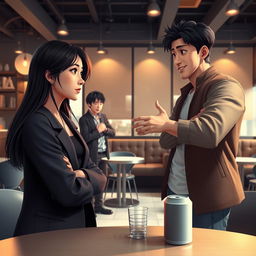 A semi-realistic modern 3D art scene depicting a dramatic moment where Soo-ah, a 28-year-old woman with long dark hair and a contemplative expression, is faced with a tempting offer from Hye-jin, who stands confidently nearby with an alluring presence