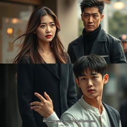 A dramatic scene featuring three characters: Soo-ah, a beautiful 28-year-old woman with long, flowing hair and a thoughtful expression, caught in a moment of contemplation as she struggles with Hye-jin's tempting offer