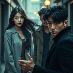 A dramatic scene featuring three characters: Soo-ah, a beautiful 28-year-old woman with long, flowing hair and a thoughtful expression, caught in a moment of contemplation as she struggles with Hye-jin's tempting offer