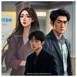 A dramatic scene featuring three characters: Soo-ah, a beautiful 28-year-old woman with long, flowing hair and a thoughtful expression, caught in a moment of contemplation as she struggles with Hye-jin's tempting offer