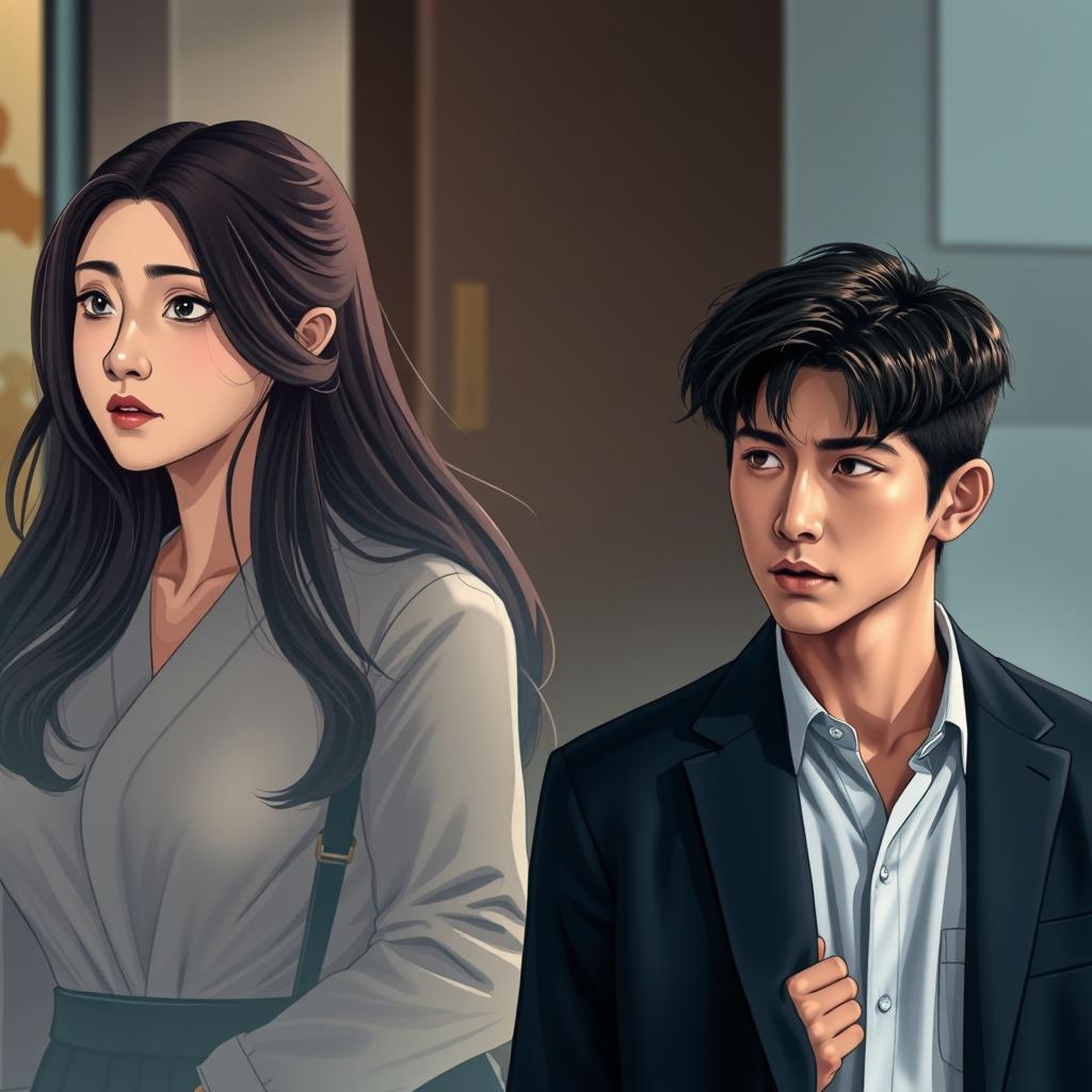 A dramatic scene featuring three characters: Soo-ah, a beautiful 28-year-old woman with long, flowing hair and a thoughtful expression, caught in a moment of contemplation as she struggles with Hye-jin's tempting offer