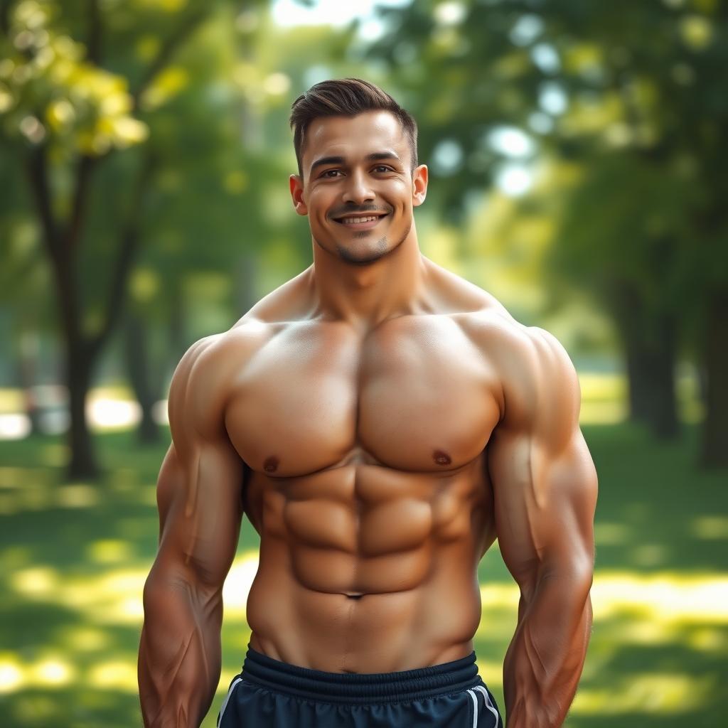 A realistic portrait of a muscular individual with a natural physique, showcasing defined muscles and an athletic build