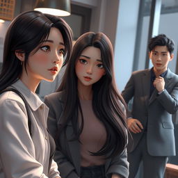 A semi-realistic 3D artwork depicting a dramatic and emotional scene with three characters: Soo-ah, a 28-year-old woman, caught in a moment of contemplation as she struggles with a tempting offer from Hye-jin, who is unseen in the scene