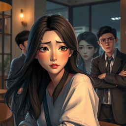 A semi-realistic 3D artwork depicting a dramatic and emotional scene with three characters: Soo-ah, a 28-year-old woman, caught in a moment of contemplation as she struggles with a tempting offer from Hye-jin, who is unseen in the scene