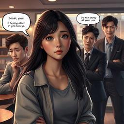 A semi-realistic 3D artwork depicting a dramatic and emotional scene with three characters: Soo-ah, a 28-year-old woman, caught in a moment of contemplation as she struggles with a tempting offer from Hye-jin, who is unseen in the scene