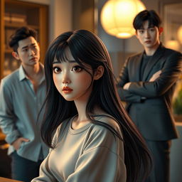 A semi-realistic 3D artwork depicting a dramatic and emotional scene with three characters: Soo-ah, a 28-year-old woman, caught in a moment of contemplation as she struggles with a tempting offer from Hye-jin, who is unseen in the scene