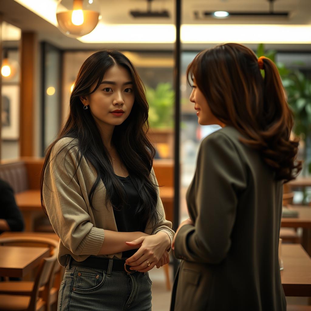 A dramatic scene capturing the moment when Soo-ah, a 28-year-old woman, stands thoughtfully in a softly lit urban cafe