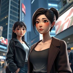 A modern 3D art scene depicting Soo-ah, a 28-year-old woman with a thoughtful expression, standing in a stylish urban environment