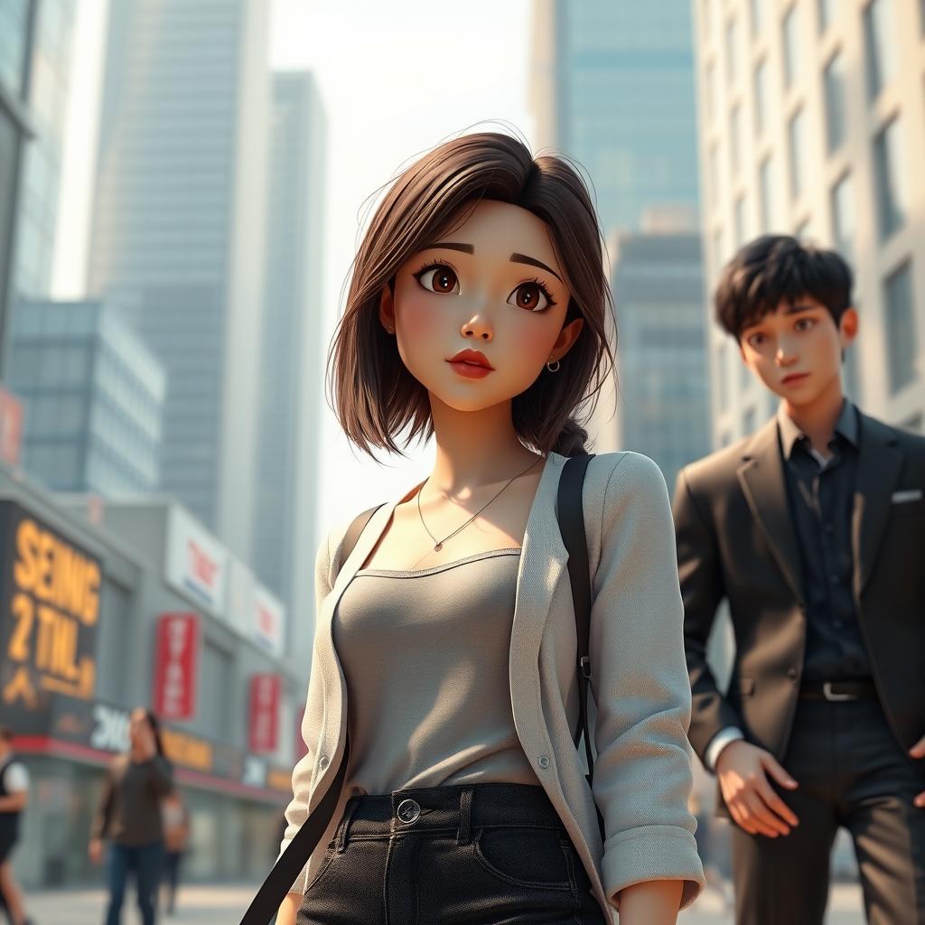 A modern 3D art scene depicting Soo-ah, a 28-year-old woman with a thoughtful expression, standing in a stylish urban environment