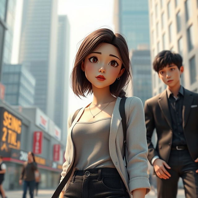 A modern 3D art scene depicting Soo-ah, a 28-year-old woman with a thoughtful expression, standing in a stylish urban environment