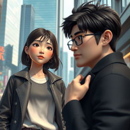 A modern 3D art scene depicting Soo-ah, a 28-year-old woman with a thoughtful expression, standing in a stylish urban environment