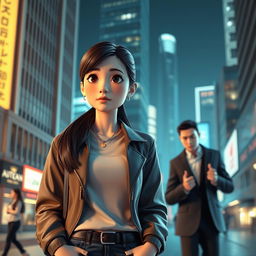 A modern 3D art scene depicting Soo-ah, a 28-year-old woman with a thoughtful expression, standing in a stylish urban environment