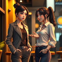 A modern 3D art piece depicting a dramatic scene between two women, Soo-ah, aged 28, and Hye-jin, aged 30