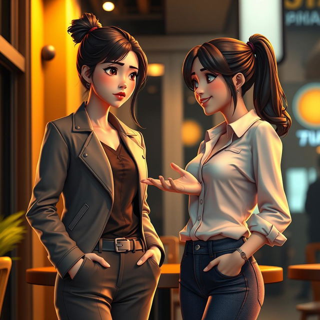 A modern 3D art piece depicting a dramatic scene between two women, Soo-ah, aged 28, and Hye-jin, aged 30
