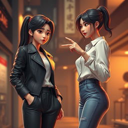 A modern 3D art piece depicting a dramatic scene between two women, Soo-ah, aged 28, and Hye-jin, aged 30