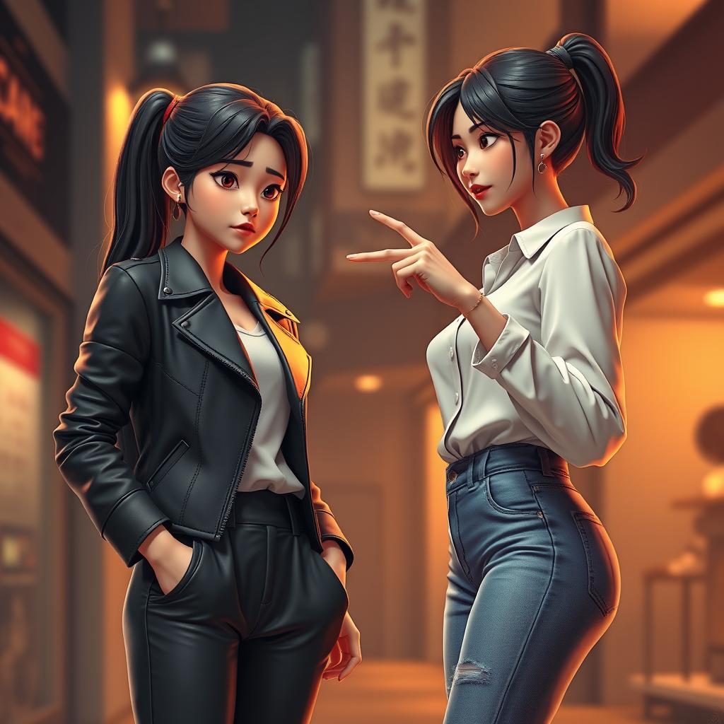 A modern 3D art piece depicting a dramatic scene between two women, Soo-ah, aged 28, and Hye-jin, aged 30