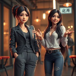 A modern 3D art piece depicting a dramatic scene between two women, Soo-ah, aged 28, and Hye-jin, aged 30
