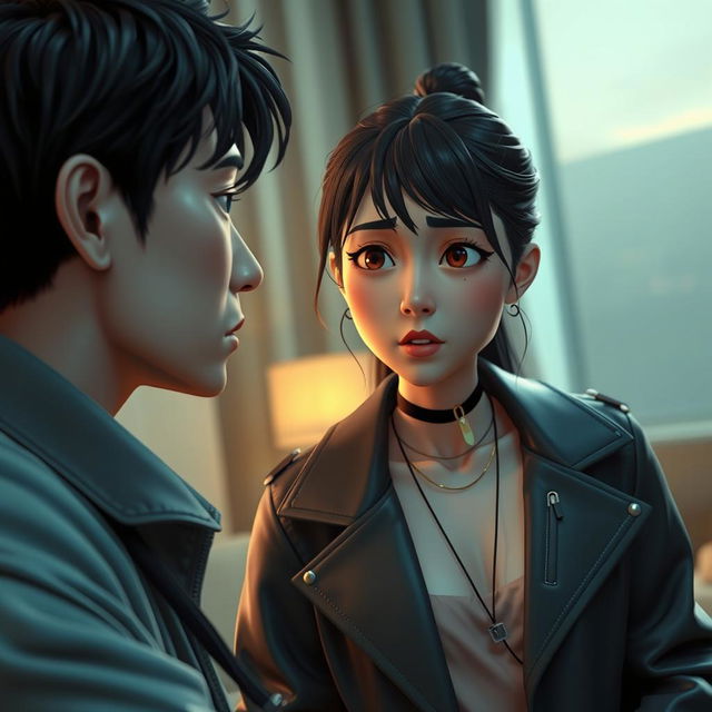 A modern 3D art scene depicting a suspenseful interaction between a 30-year-old Korean man named Ji-hoon and a 28-year-old woman named Soo-ah
