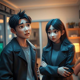 A modern 3D art scene depicting a suspenseful interaction between a 30-year-old Korean man named Ji-hoon and a 28-year-old woman named Soo-ah