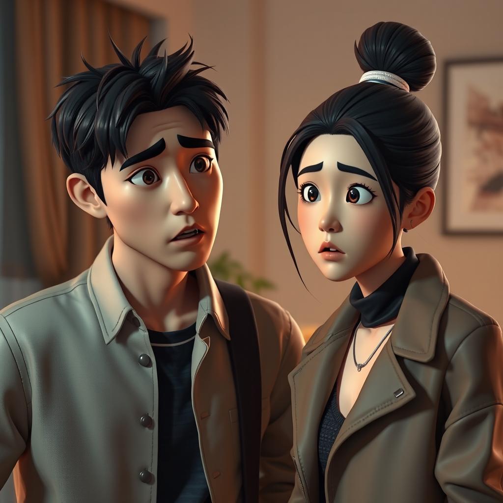 A modern 3D art scene depicting a suspenseful interaction between a 30-year-old Korean man named Ji-hoon and a 28-year-old woman named Soo-ah