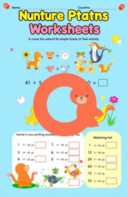 A colorful and engaging printable worksheet designed for children, featuring fun activities such as counting, matching, and simple math problems