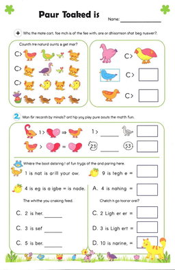 A colorful and engaging printable worksheet designed for children, featuring fun activities such as counting, matching, and simple math problems