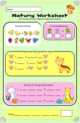 A colorful and engaging printable worksheet designed for children, featuring fun activities such as counting, matching, and simple math problems