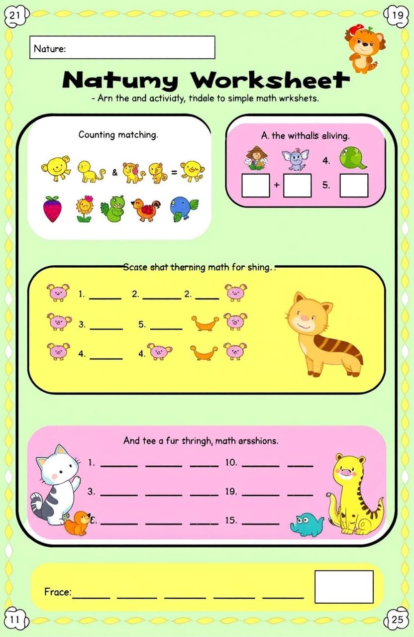 A colorful and engaging printable worksheet designed for children, featuring fun activities such as counting, matching, and simple math problems
