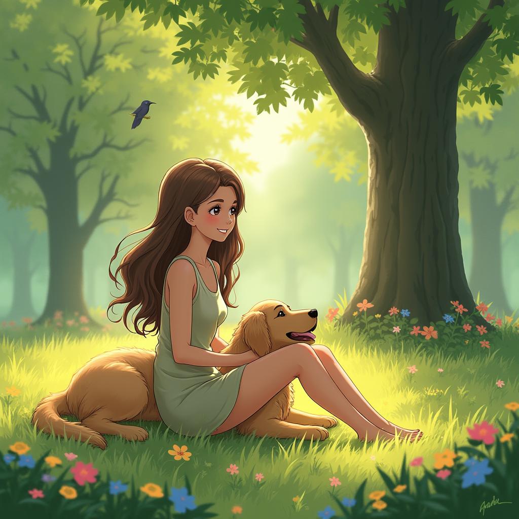 A serene scene of a beautiful girl sitting peacefully in a lush green park, enjoying a sunny afternoon with her adorable pet dog