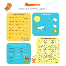 Printable worksheet for kids, featuring engaging educational activities such as simple math problems, coloring sections, fun puzzles, and a vibrant design