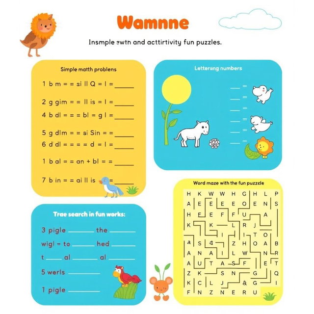 Printable worksheet for kids, featuring engaging educational activities such as simple math problems, coloring sections, fun puzzles, and a vibrant design