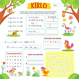 Printable worksheet for kids, featuring engaging educational activities such as simple math problems, coloring sections, fun puzzles, and a vibrant design