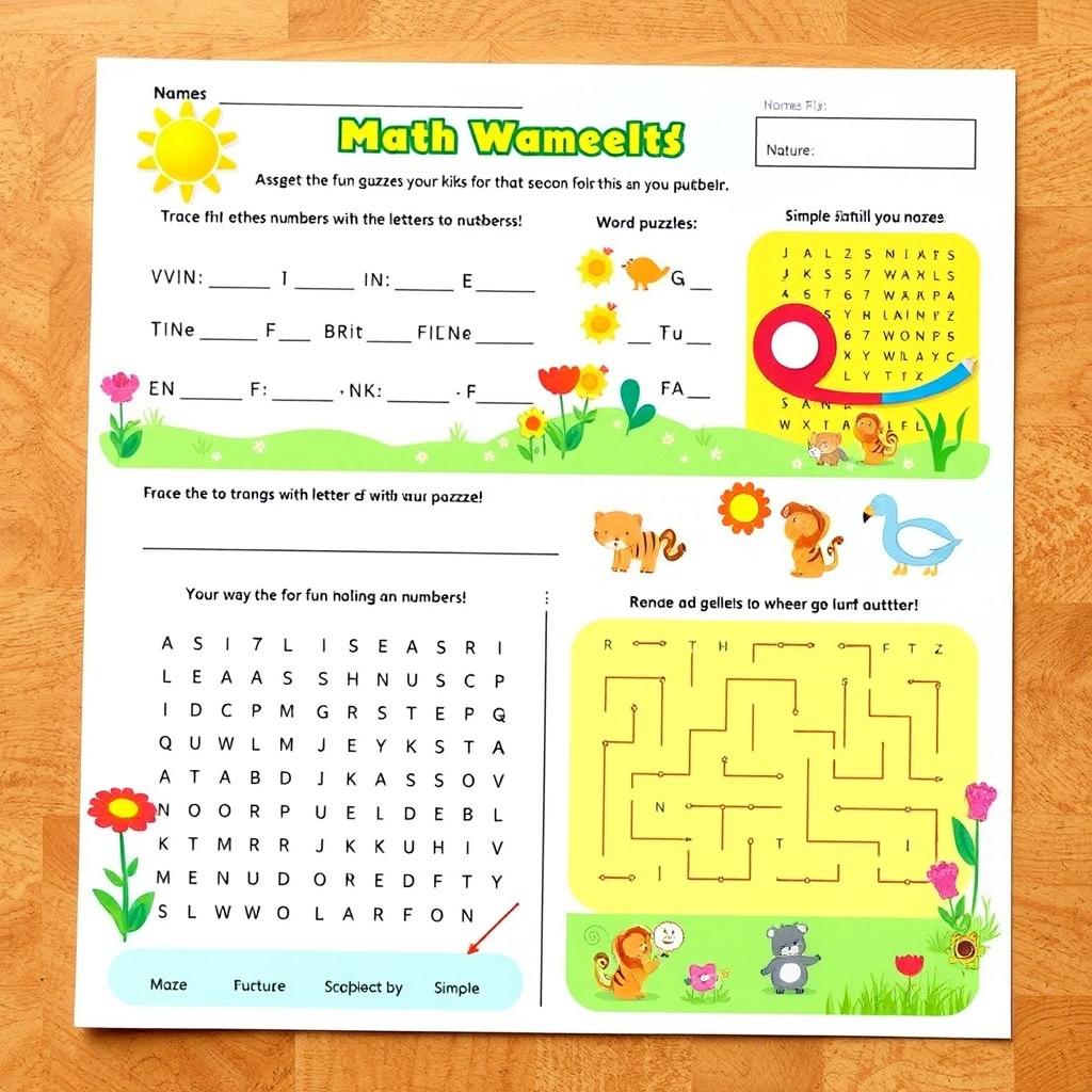 Printable worksheet for kids, featuring engaging educational activities such as simple math problems, coloring sections, fun puzzles, and a vibrant design