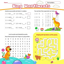 Printable worksheet for kids, featuring engaging educational activities such as simple math problems, coloring sections, fun puzzles, and a vibrant design