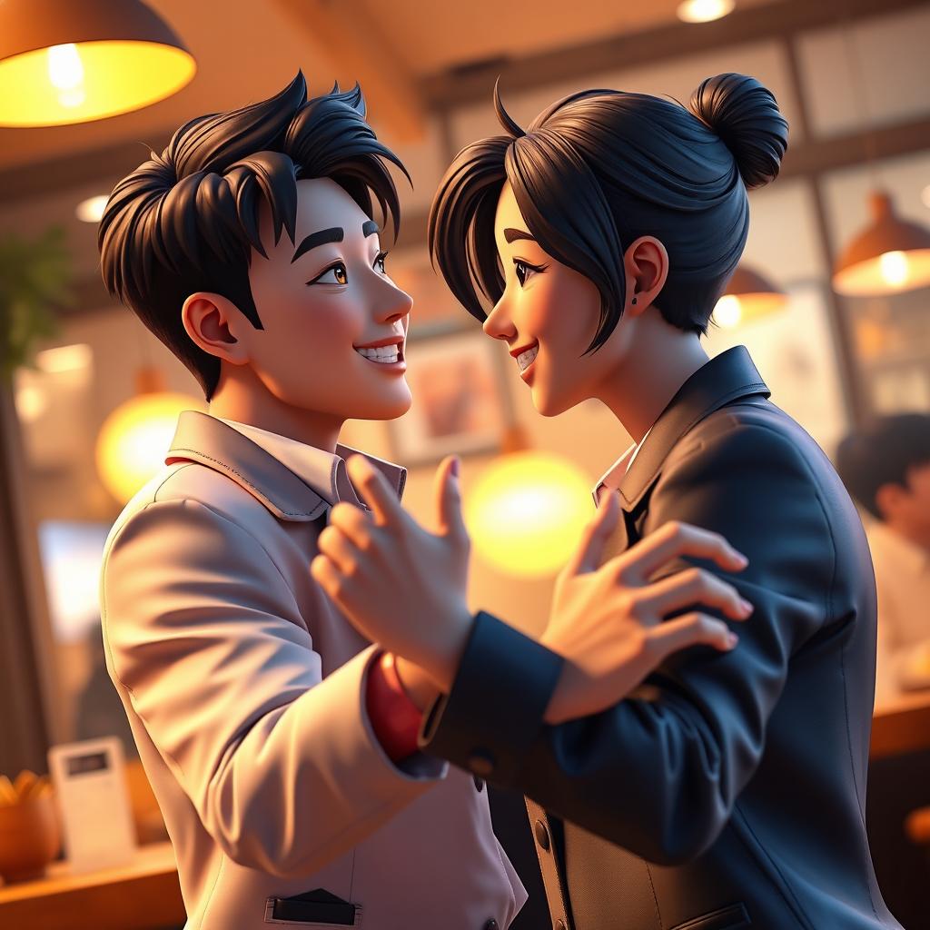 A modern 3D art scene depicting a dynamic and romantic moment between a Korean man named Min-woo and a woman named Soo-ah