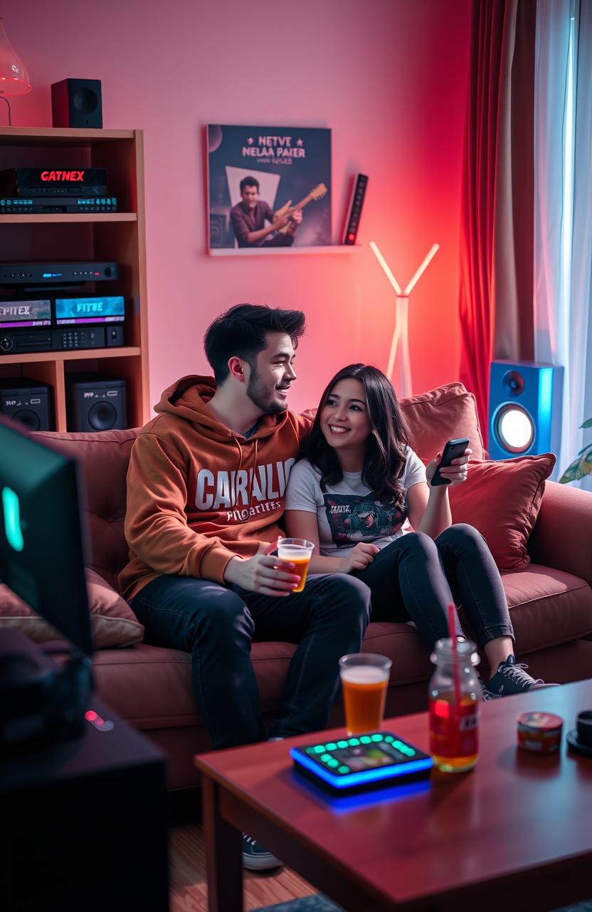 A heartfelt and engaging scene depicting a couple of gamers in a cozy living room, surrounded by gaming consoles and colorful LED lights